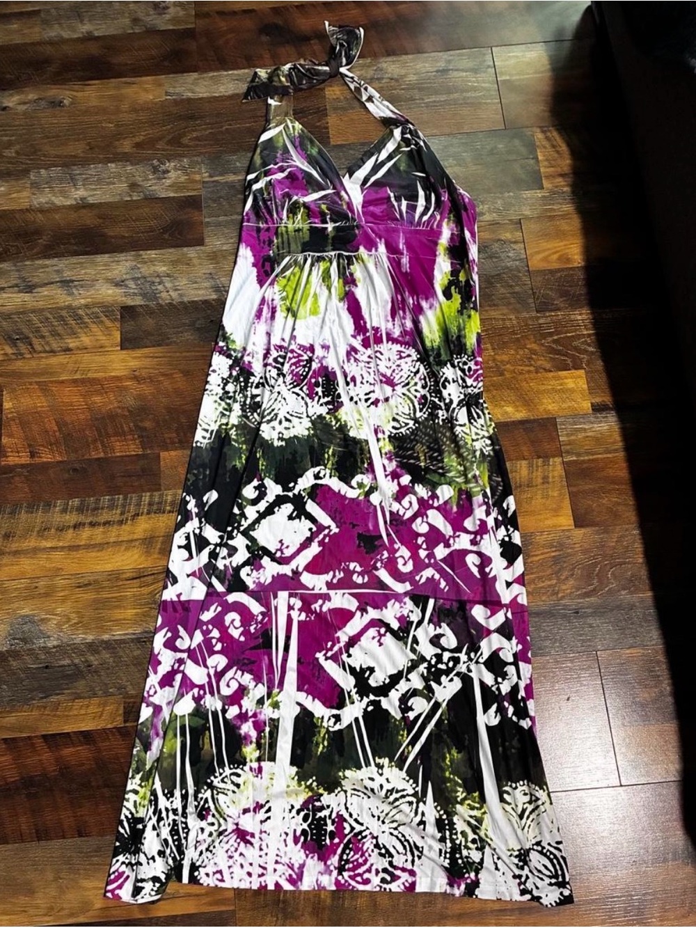 Sleeveless Halter Maxi Dress in Purple, Black & White - Abstract Floral Print